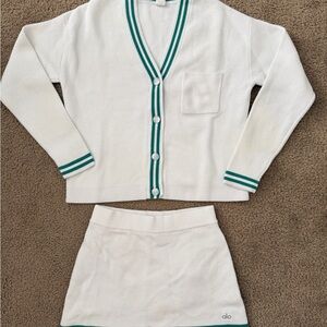 alo tennis club sweater knit cardigan skirt set Spruce Green